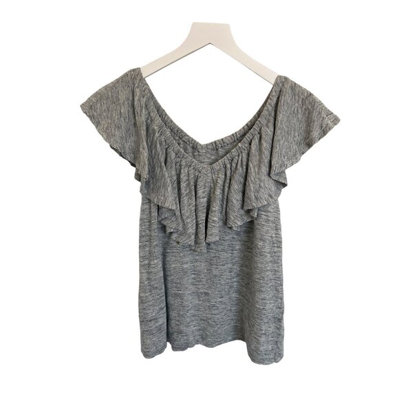 Rebecca Taylor Heather Grey Linen Ruffled Draped Off-Shoulder Top - Picture 2 of 4